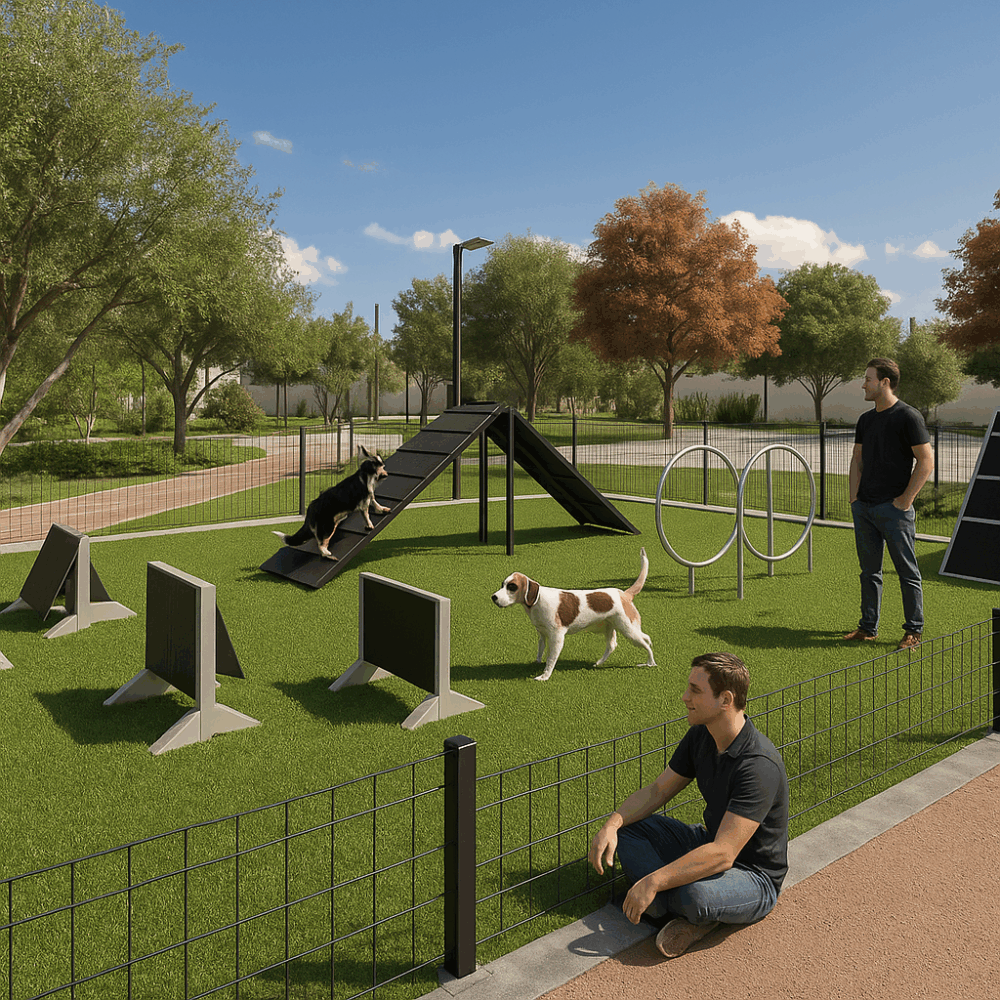 Render de pet park en Granna, lotes residenciales Aguascalientes.